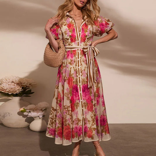 Women Casual Floral Print Bohemian Party Dress Chic Summer Lace-up Long Dress Ladies Elegant Single Breasted Shirts Dress 2025