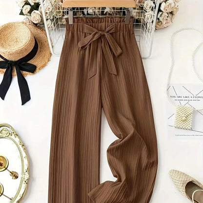 Summer casual, elegant and comfortable women's high waisted elastic waistband, bow details, loose wide leg pants, long pants