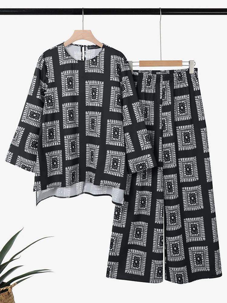 ZANZEA 2025 Autumn Printed Tracksuit Vintage Women Matching Sets Casual O Neck Long Sleeve Tops Wide Leg Pant Sets Loose Outfits