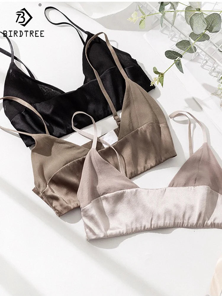 Birdtree Women's 90% Silk 10% Spandax Bra, Thin Non-pad Everyday Comfortable ,Wireless Small Chest Bralette Intimate P36753QM