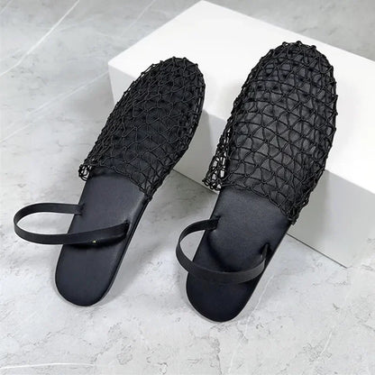 Novelty Mesh Flat Sandals Women Designer Weaving Hollow Breathable Mules Slippers Summer Light Comfort Slingbacks Slide Sandals