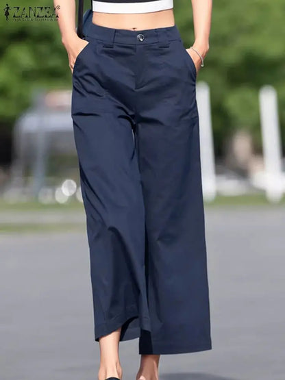 ZANZEA Holiday Solid Pockets Pants Women Straight Long Pants Casual Loose Wide Leg Trousers 2024 Summer High Waist Pantalons