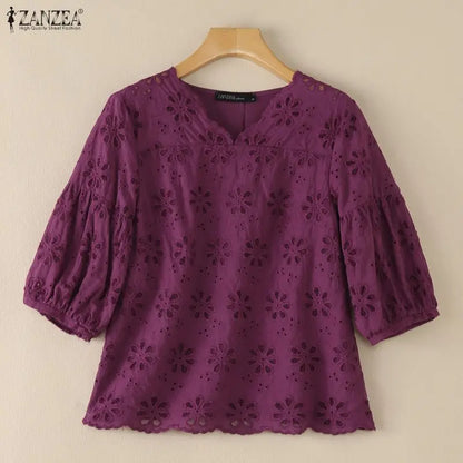 ZANZEA 2026 Eyelet Embroidery Blouses Woman V-Neck Lantern Sleeves Solid Patchwork Tops Summer Casual Vacation Daily Wear Blusas