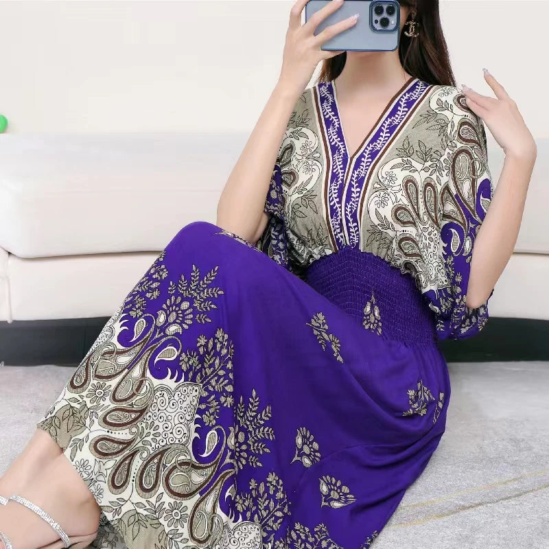 Casual Elegant Retro Bohemian National Style V-neck Elastic  Waist Large Swing Printed Summer Long Skirt Woman Dress Clothes