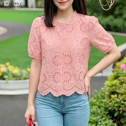 ZANZEA Woman Summer Embroidered Eyelet Cropped Shirts Elegant Ruffled Trim O-Neck Puff Short Sleeve Button Up Blouses Casual Top