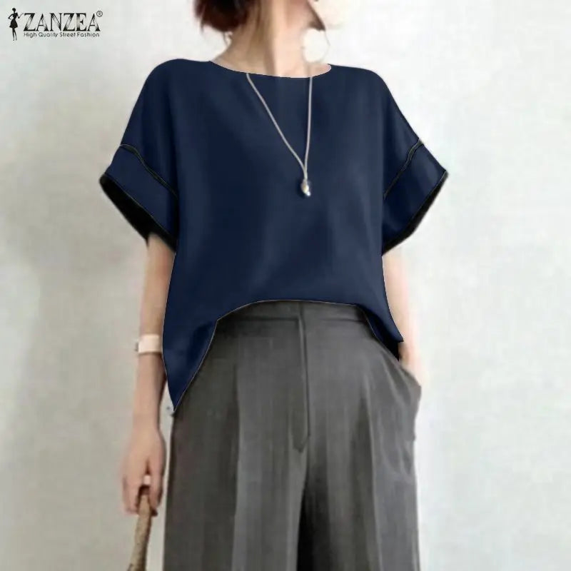 ZANZEA Women's Casual Loose Boatneck Blouses Short Sleeve Contrast-Trim Solid Color Tops Minimalist Fashion Blusas de Mujer