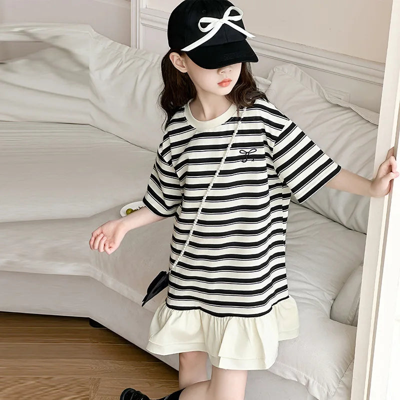 2026 Summer Kids girls cotton patchwork flounce lace striped T-SHIRT Dresses cotton Princess Children 5 6 7 8 10 11 12 13 Years
