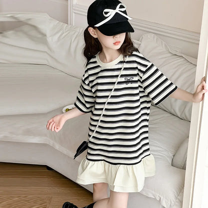 2026 Summer Kids girls cotton patchwork flounce lace striped T-SHIRT Dresses cotton Princess Children 5 6 7 8 10 11 12 13 Years
