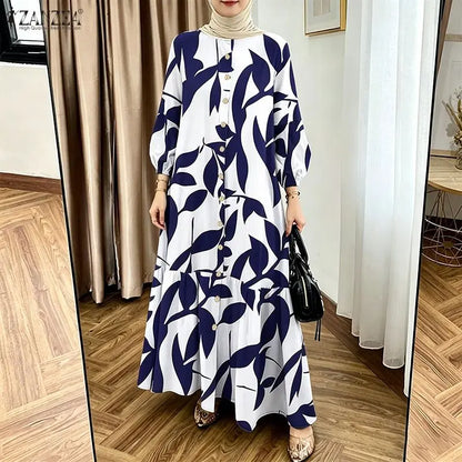 Bohemain Printed Maxi Dresses ZANZEA Fashion Women Long Lantern Sleeve Muslim Abaya Dress Hijab Robe Kaftan Buttons Up Vestidos
