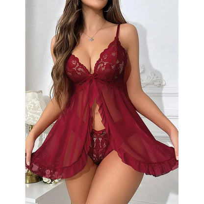 Hot Lingeries For Woman Sexy Set Night Drees Lace Bra Briefs Tulle Transparent Nightgown Plus Size Underwear Pajamas Free Thong