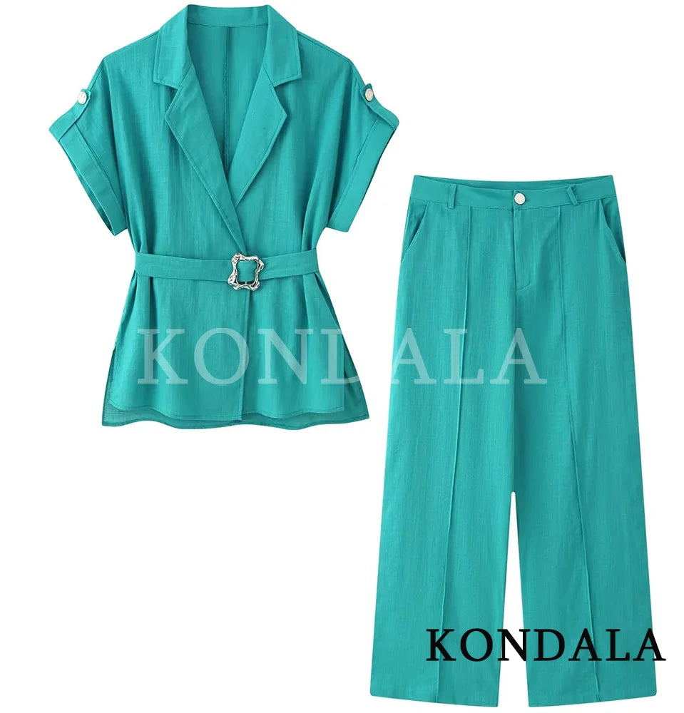 KONDALA Women Office Lady Trendy Pants Set Casual Belt Shirts Long Pants New Fashion 2026 Summer Fall Holiday Commute Party Set