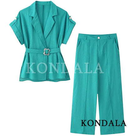 KONDALA Women Office Lady Trendy Pants Set Casual Belt Shirts Long Pants New Fashion 2026 Summer Fall Holiday Commute Party Set
