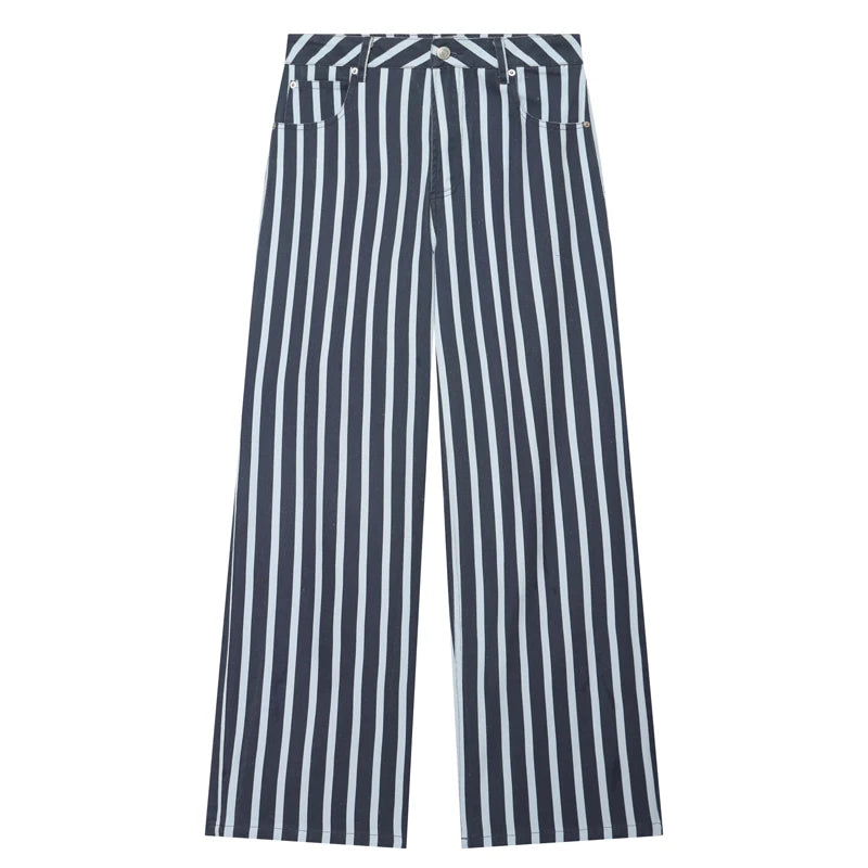 HXAO Striped Denim Pants Women's Pants Summer 2026 Baggy Wide Leg Mid Waist Jeans Office Wear Women Chic Loose Straight Trousers