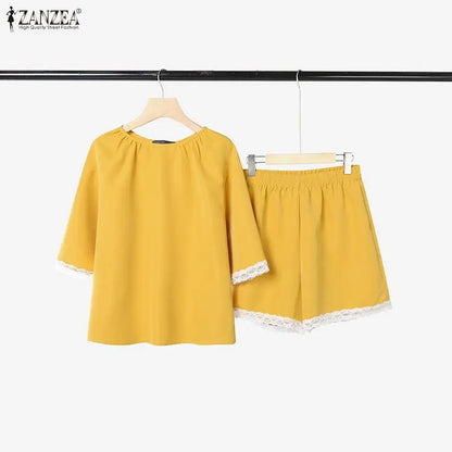 ZANZEA Fashion Summer 2 Pieces Sets Holiday Outfits Women O Neck Short Sleeve Blouse Short Sets Casual Lace Patchwork Tracksuit