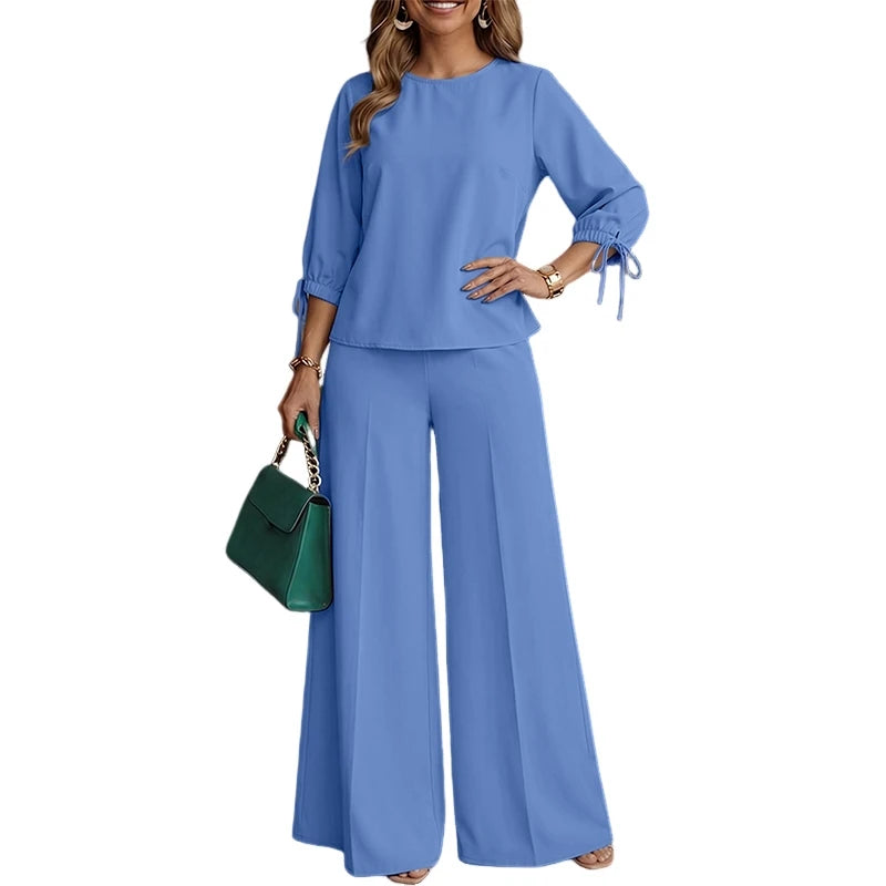 ZANZEA Women Minimalist Pant Sets 3/4 Lantern Sleeve Blouse & Wide Leg Pant Loose 2 Piece Suits Female Commute Work Outfits
