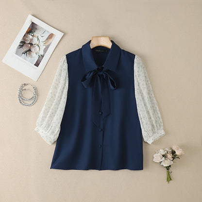 ZANZEA Elegant Women's Contrast-Color Shirts Floral Printed Puff Sleeve Bowtie Collared Casual Tops Summer Woman Clothes S-3XL