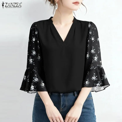 ZANZEA 2026 Elegant Women's Blouses V-Neck Floral Printed 3/4 Sleeve Loose Tops Spring Summer Casual and Day Woman Clothes 3XL