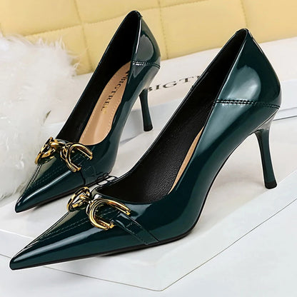 Luxury Women Pumps Metal Belt Buckle High Heels Patent Leather Women Heels Stilettos Career OL Office Shoes Plus Size 41 42 43