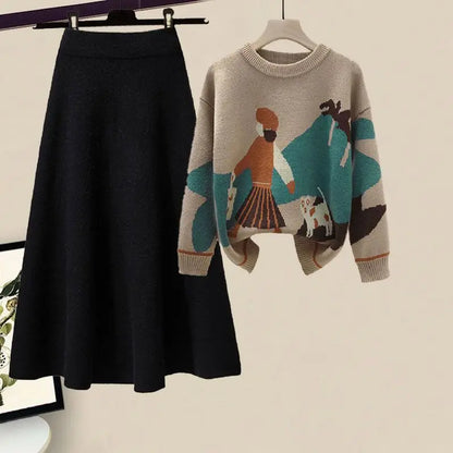 2024 Winter New Cartoon Printed Knitted Sweater Pullover Slim Fit Knitted Skirt Two Piece Elegant Women's Party Dress