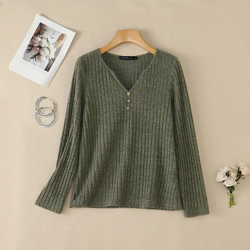 ZANZEA Women Ribbed Knit T-Shirts Casual V-Neck Long Sleeve Regular Fit Solid Color Blouses 2026 Autumn Daily Wear Pullover Tops