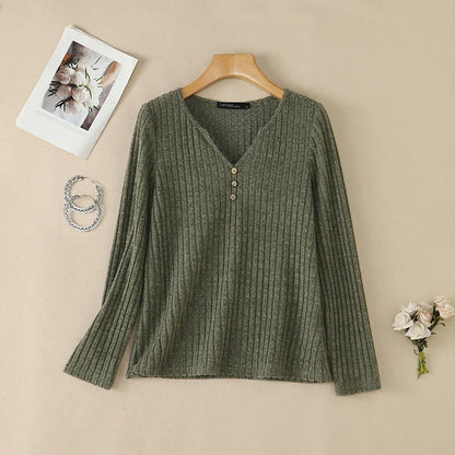 ZANZEA Women Ribbed Knit T-Shirts Casual V-Neck Long Sleeve Regular Fit Solid Color Blouses 2026 Autumn Daily Wear Pullover Tops