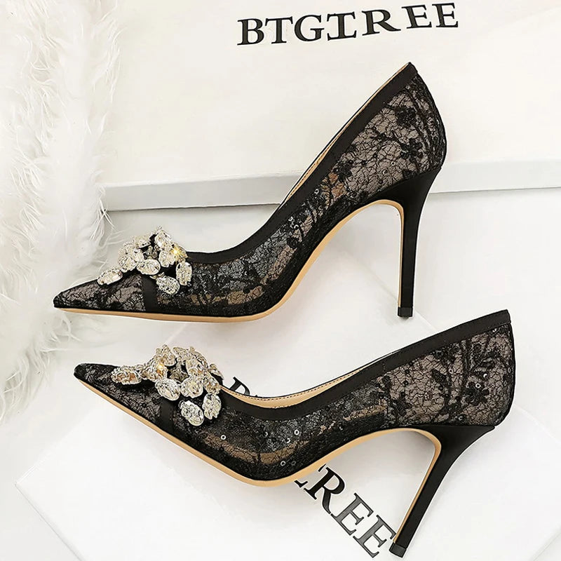 BIGTREE Shoes Women Pumps Black Lace High Heels Sexy Party Shoes 9 cm Stiletto Heels Rhinestone Bowknot Women Heels Plus Size 43