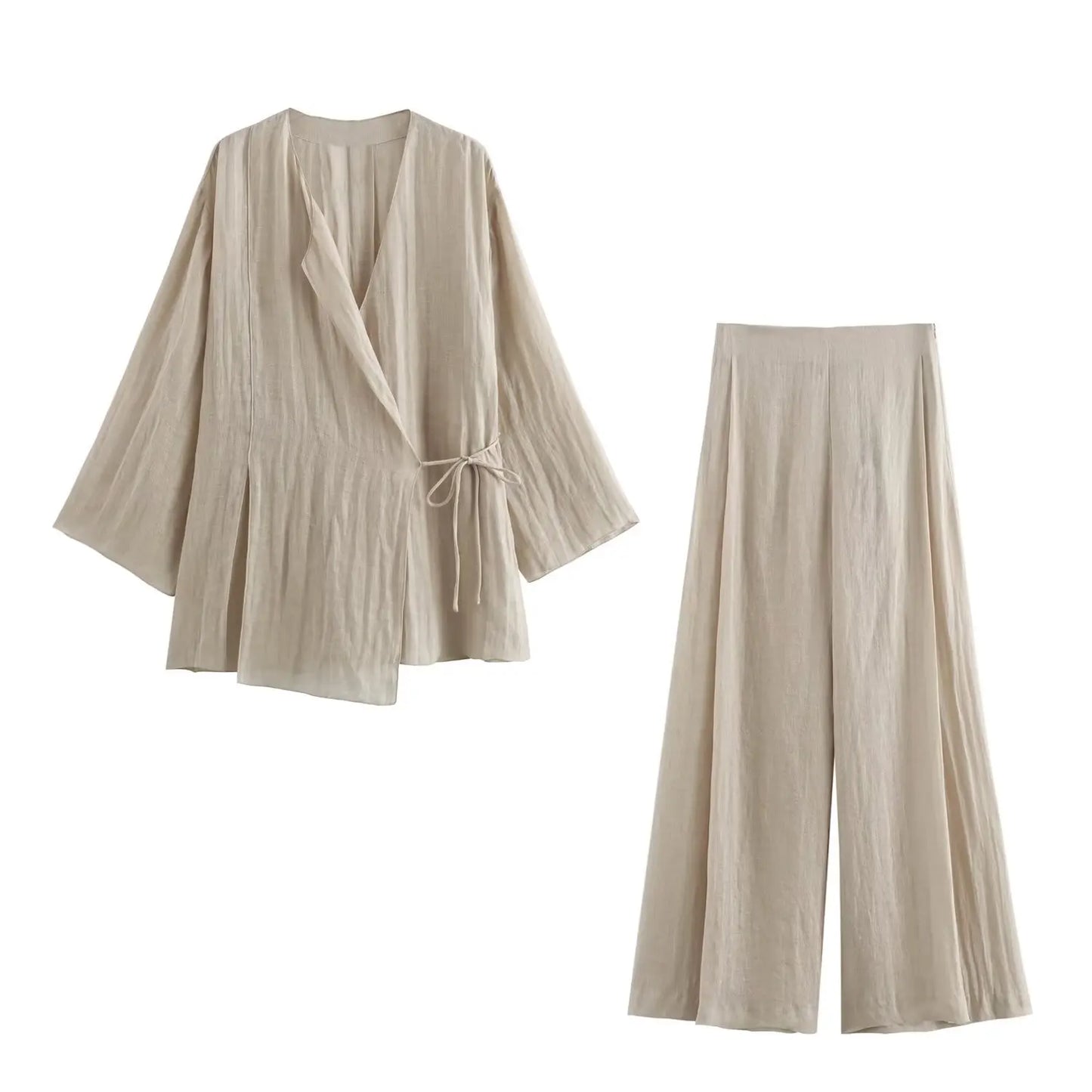 HH 2025 Spring Women Fashion Linen Suits New Solid Cardigan Kimono Top + Versatile Outerwear Female Wide Leg Long Pant