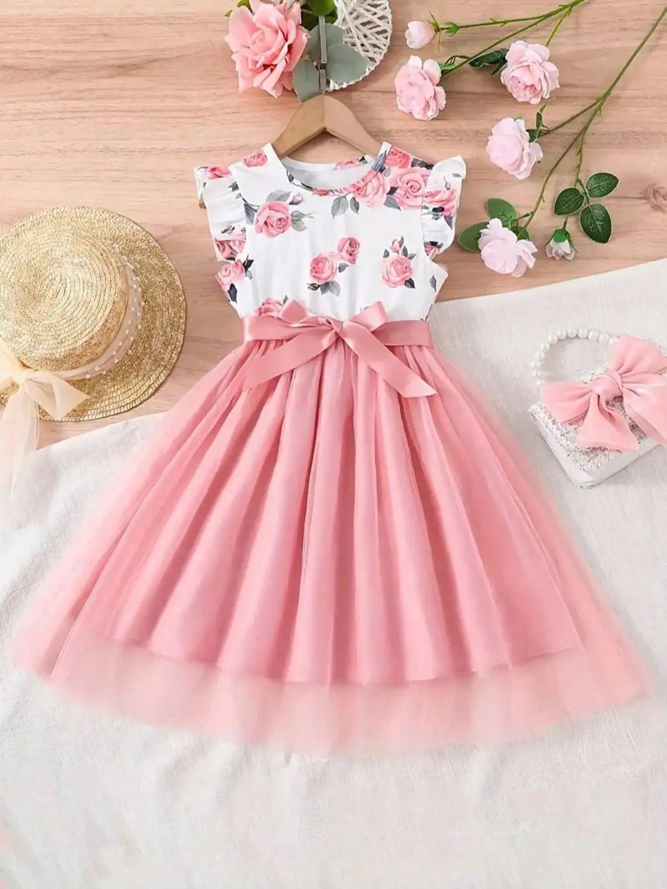 2026 Summer New Collection, Children's and Women's Clothing, Small Flying Sleeve Printed Round Neck Cute Plush Dress