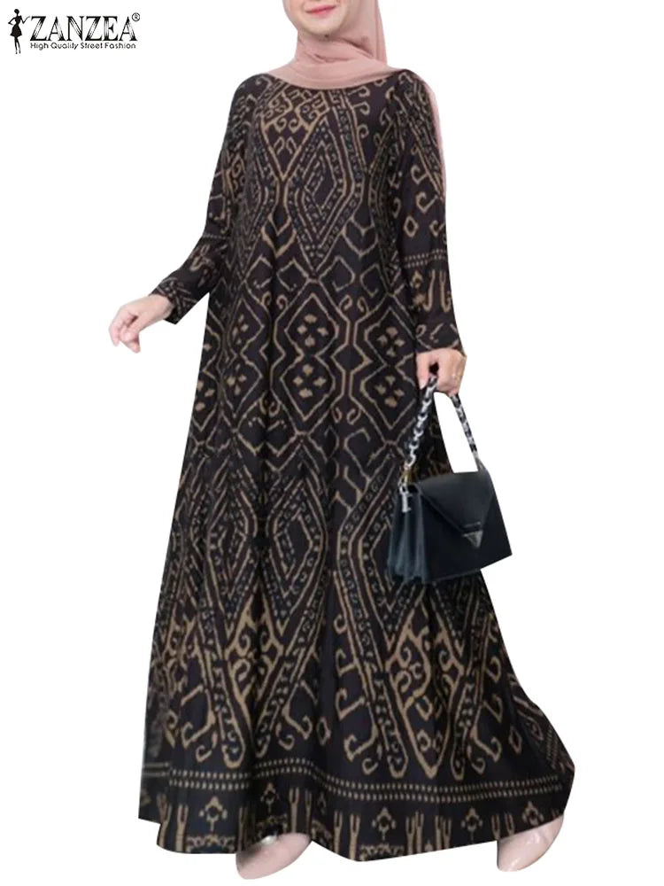 ZANZEA Women Vintage Floral Printed Sundress Spring Long Sleeve Muslim Abaya Maxi Long Dress Turkey Hijab Vestido Robe Femme