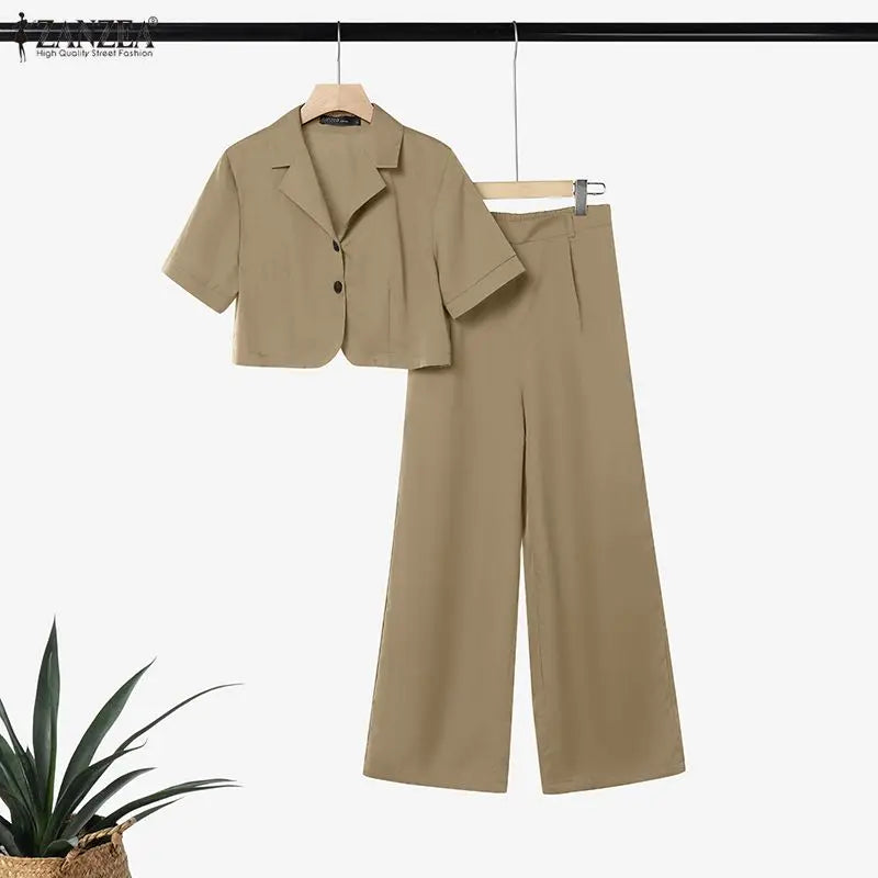 ZANZEA Women's Summer 2 Piece Pant Sets Wide Leg Pant & Lapel Collar Short Sleeve Crop Top 2pc Suits Casual Commute Work Outfits