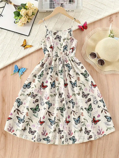 2026 casual and elegant girls' elegant butterfly print sleeveless dress - V-neck, long, perfect choice for summer