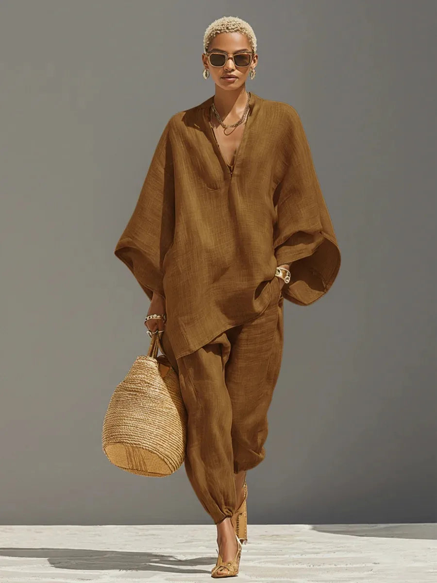 European and American Relaxation Solid Color V-neck Bat Sleeve Loose Top + Bow Leg Casual Pants Holiday Style Elegant Suit