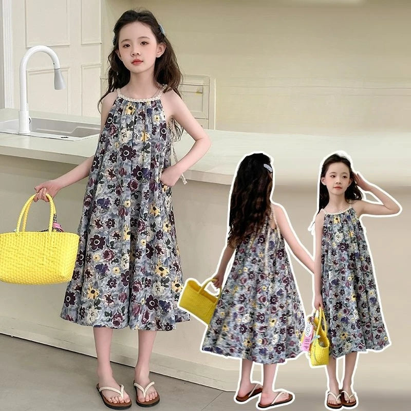 Floral Sleeveless Strappy Sundress Trendy Girls Party Dress Girl Cotton Linen Girls' Princess Summer Little Clothes Dresses Kids