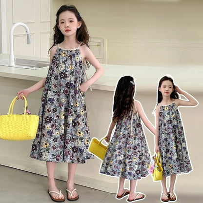Floral Sleeveless Strappy Sundress Trendy Girls Party Dress Girl Cotton Linen Girls' Princess Summer Little Clothes Dresses Kids
