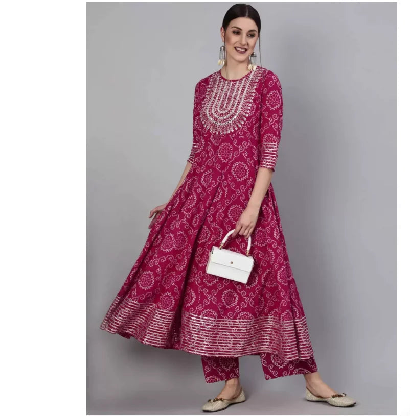 Indian Pure Cotton Rose Red Printed Women's 3-Piece Set for Spring and Summer