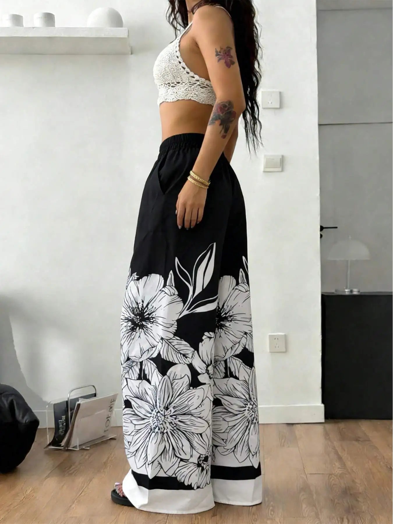 Large-Sized Printed Pants, Casual Tie Waist Wide-Leg Pants, Spring and Summer, Large-Sized Women's Clothing