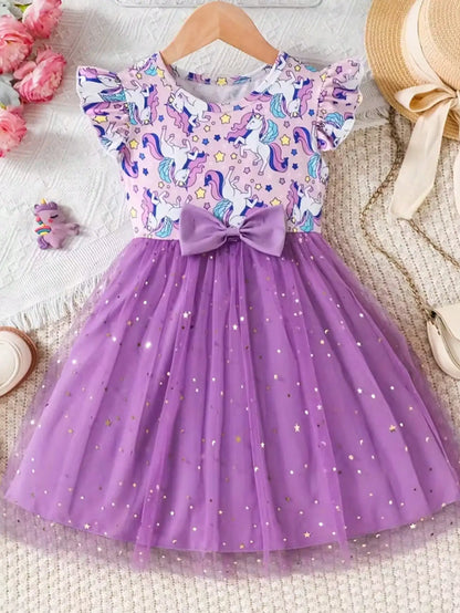 Enchanting Girl Summer Dress - Purple Lotus Leaf Cuff, Mermaid Scale Print and sequin Decoration, Polyester Mesh Skirt