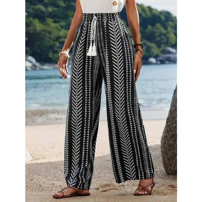 Plus Size 1XL-5XL New Women's Striped Printed Casual and Simple Wide Leg Pants Ladies Casual Lace Up Leg Pants