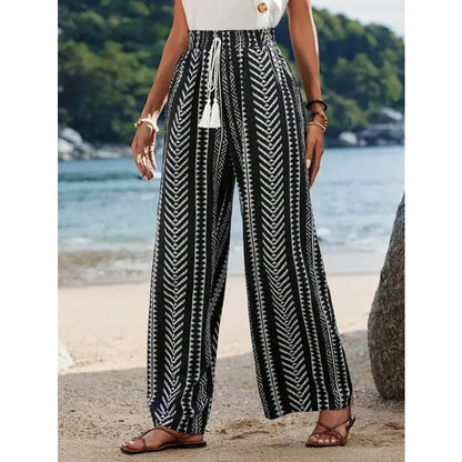Plus Size 1XL-5XL New Women's Striped Printed Casual and Simple Wide Leg Pants Ladies Casual Lace Up Leg Pants