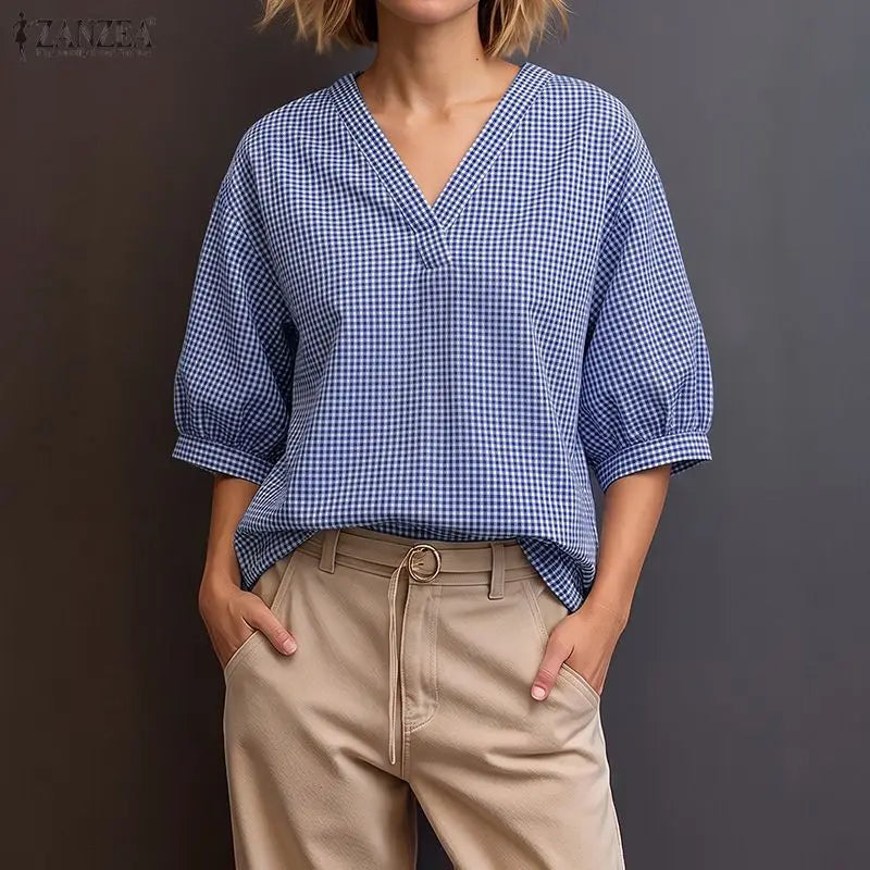 ZANZEA Woman Casual Gingham Check Blouses V-Neck Lantern 3/4 Sleeves Loose Tunic Top 2026 Summer Daily Wear Blusas Mujer S-3XL