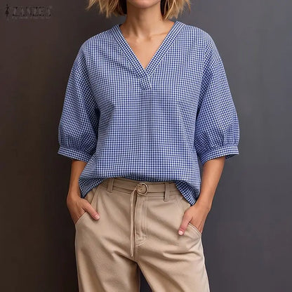 ZANZEA Woman Casual Gingham Check Blouses V-Neck Lantern 3/4 Sleeves Loose Tunic Top 2026 Summer Daily Wear Blusas Mujer S-3XL