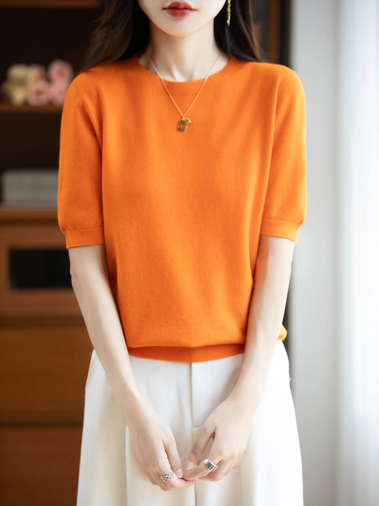 Autumn Women 100% Merino Wool Sweater O-Neck Cashmere Pullover Basic Fashion Short Sleeve Clothing Comfort Top Casual Solid