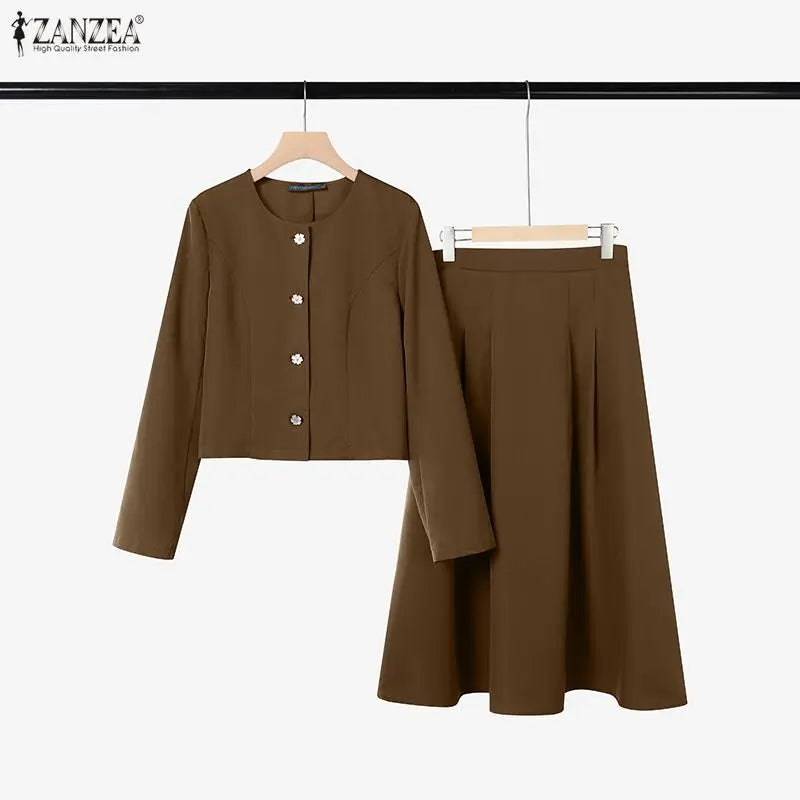 2026 ZANZEA Office Women Outfits 2 Piece Sets Spring Fashion O Neck Long Sleeve Shirt Dress Sets Elegant OL Work Midi Skirt Suit