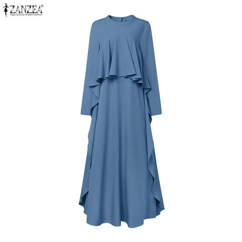 ZANZEA Women Elegant Long Sleeve Muslim Abaya Dress Robe Femme Stylish Ruffled Maxi Dresses Solid Loose Ramadan Sundress Kaftan