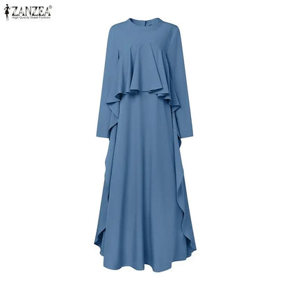 ZANZEA Women Elegant Long Sleeve Muslim Abaya Dress Robe Femme Stylish Ruffled Maxi Dresses Solid Loose Ramadan Sundress Kaftan