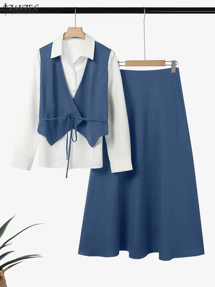 2025 ZANZEA Women Autumn 2 Piece Outfits Long Sleeve Patchwork Shirts and Long Skirts Fashion Dress Sets Elegant Office OL 2pcs