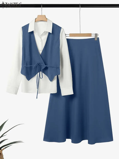 2025 ZANZEA Women Autumn 2 Piece Outfits Long Sleeve Patchwork Shirts and Long Skirts Fashion Dress Sets Elegant Office OL 2pcs