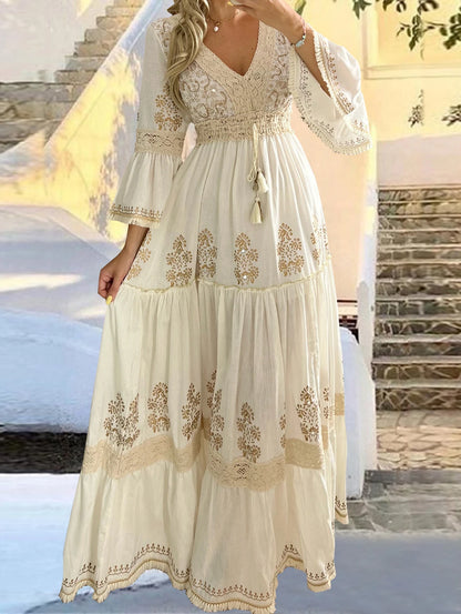 2026 Long Dress Women Summer Boho Floral Print V-Neck Dresses Female Beach Holiday Flowy Dress Ladies Elegant Vintage Vestidos