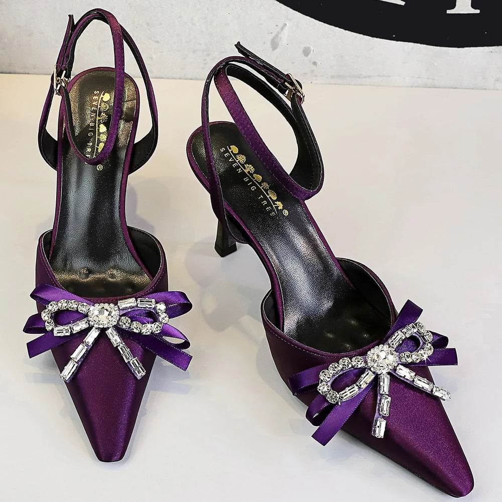 BIGTREE Shoes Summer Women Pumps Rhinestone Ribbon Bowknot High Heels Stilettos 8 cm High-Heeled Sandals Luxury Banquet Shoes