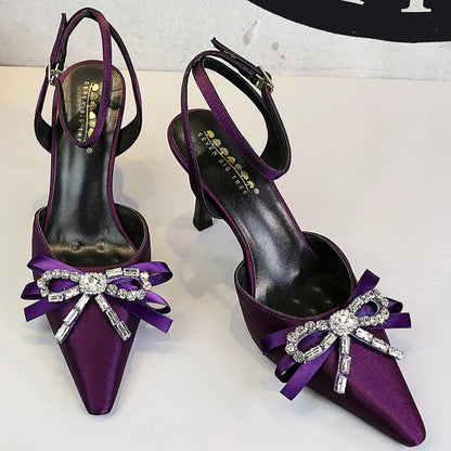 BIGTREE Shoes Summer Women Pumps Rhinestone Ribbon Bowknot High Heels Stilettos 8 cm High-Heeled Sandals Luxury Banquet Shoes